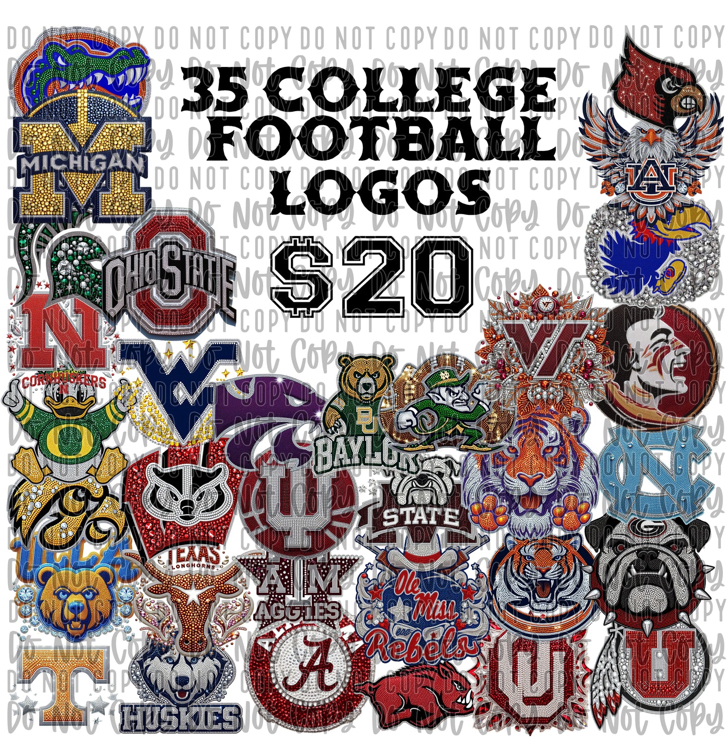 35 College Football Logo Rhinestones Digital PNGS Bundles